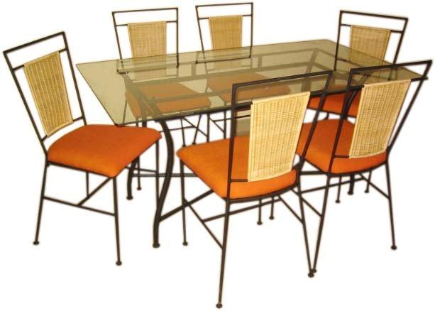 Rectangular glass table and six chairs made of metal frame and cane backrest with comfortable seat.